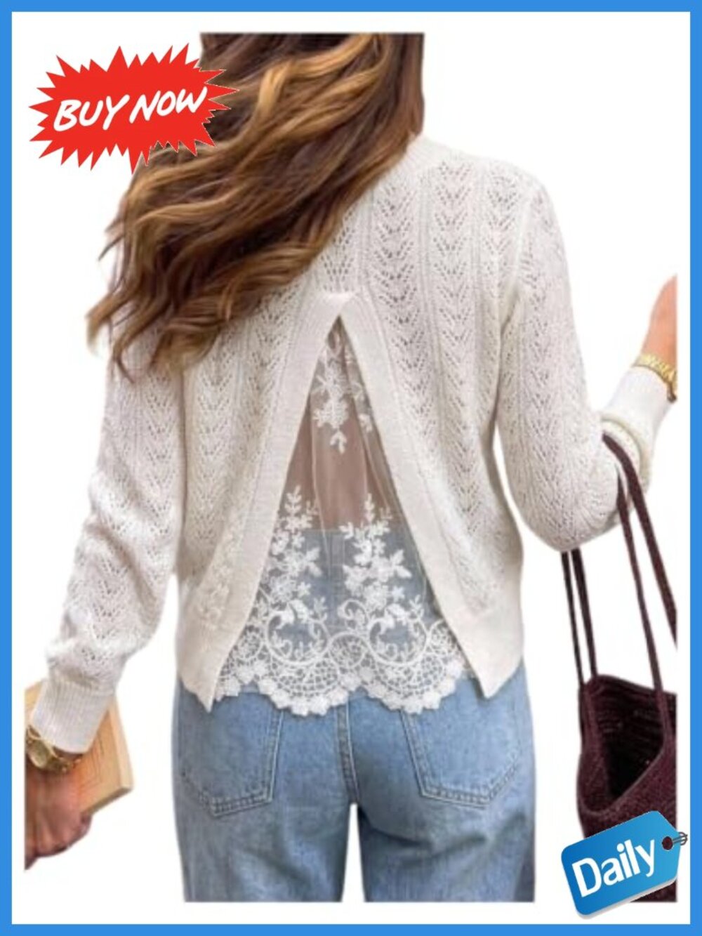 Verdusa Lace Open Back Lightweight Knit Sweater Top Long Sleeve Pullover